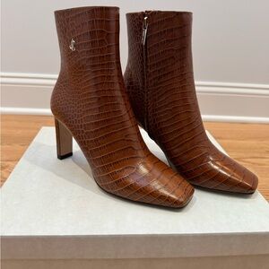 Jimmy Choo Tan Crocodile-Embossed Heeled Boots
